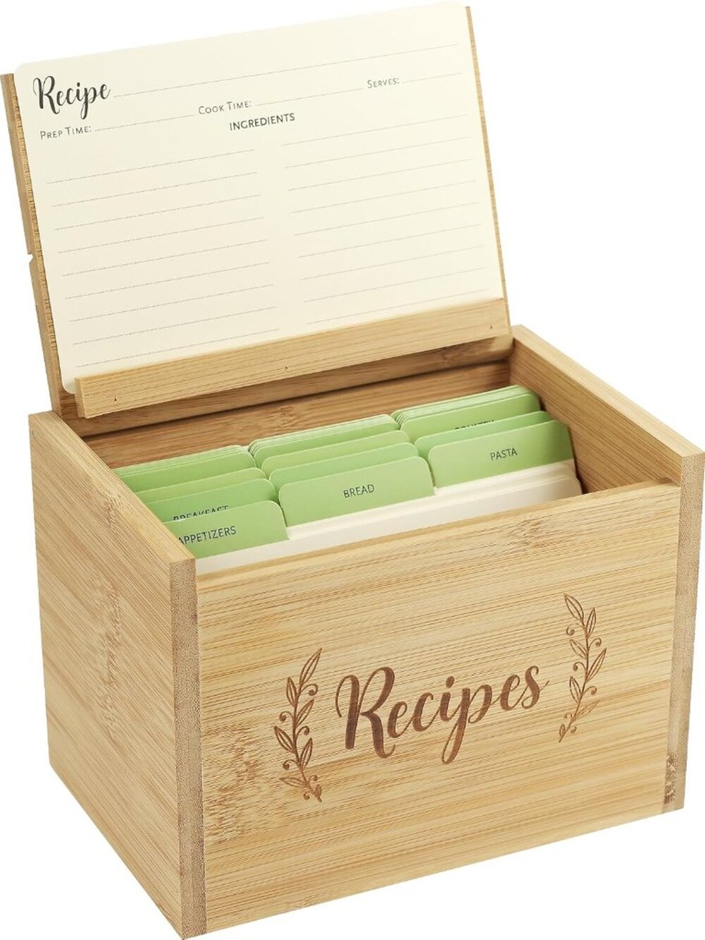 Bamboo Recipe Box Set includes 50 recipe cards and 24 dividers